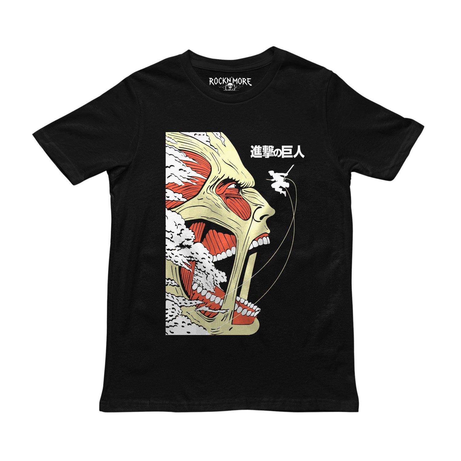 Playera negra con el Titán Colosal de perfil gritando y un soldado volando con cables