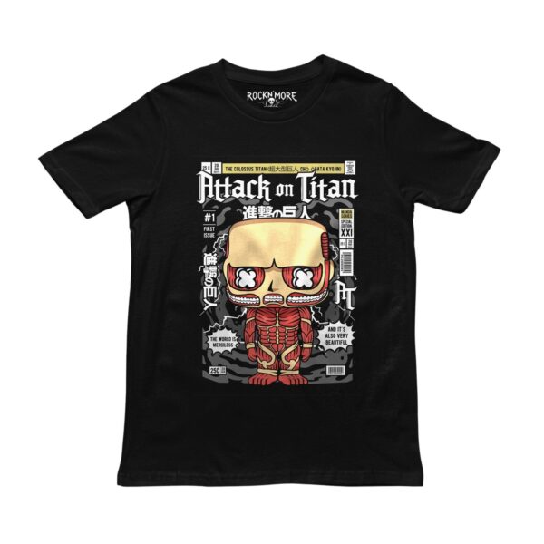 Playera negra con estampado de Attack on Titan: Titán Colosal en portada de cómic