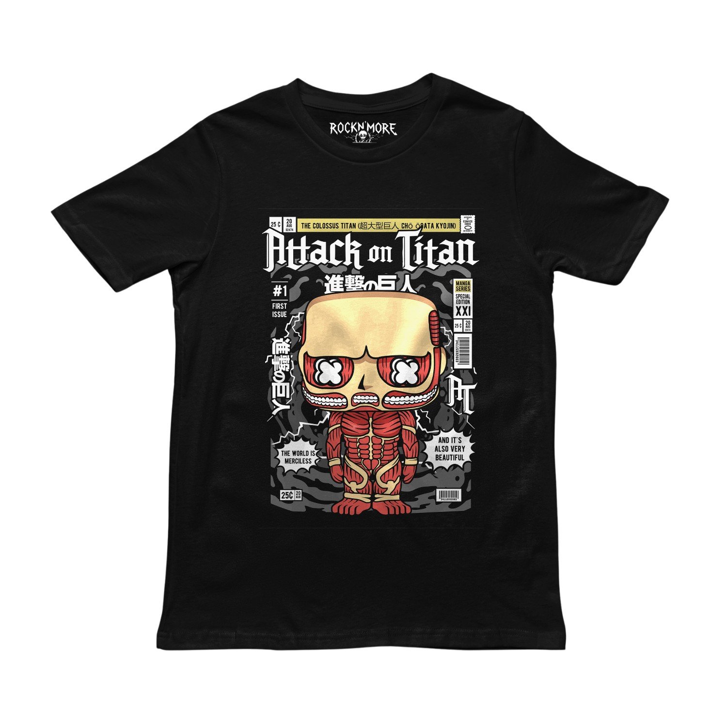 Playera negra con estampado de Attack on Titan: Titán Colosal en portada de cómic