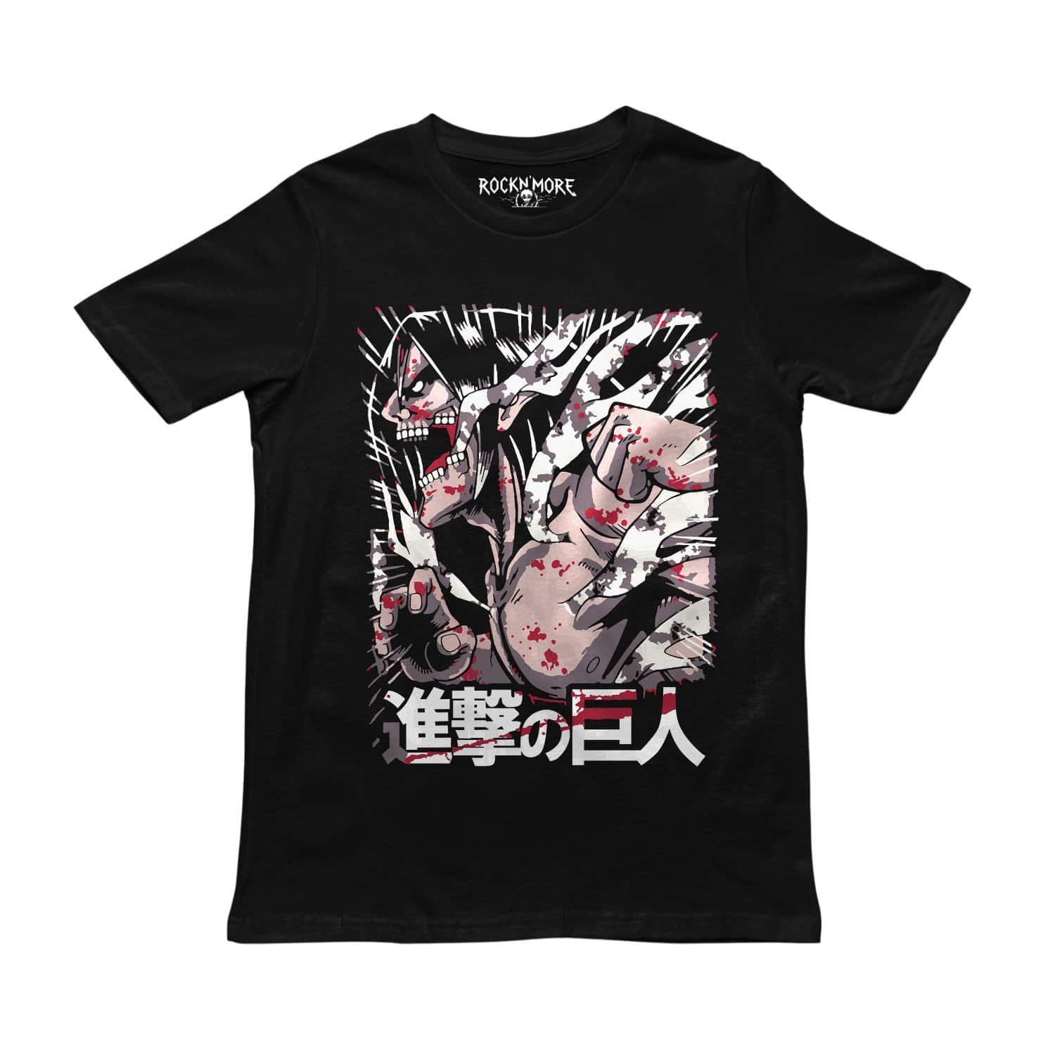 Playera negra con estampado de Attack on Titan, titán rugiendo y kanji en rojo y blanco