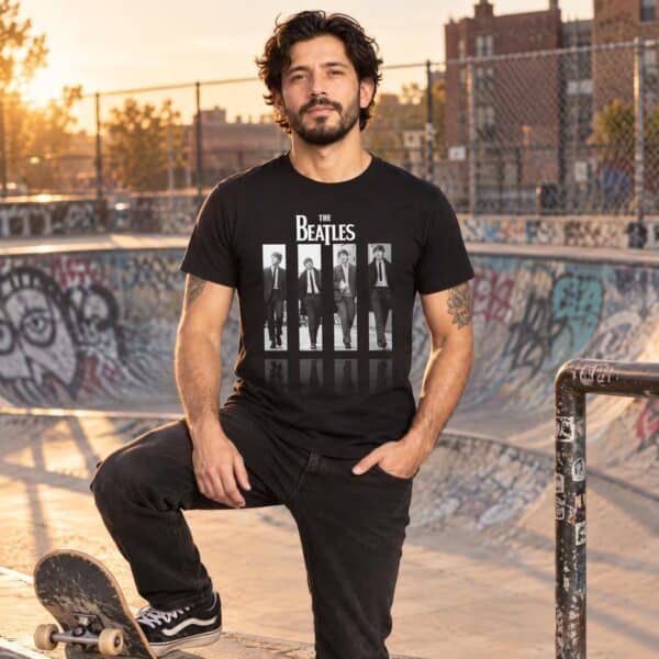Modelo con playera negra de The Beatles en skate park modelo 1
