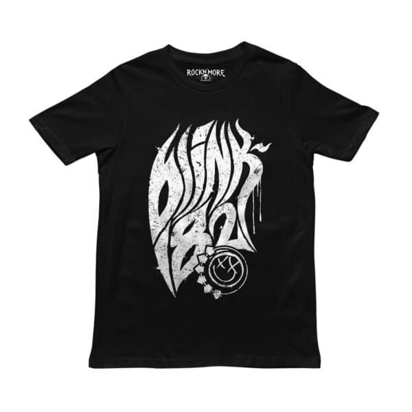 Playera negra con lettering de Blink 182 en blanco estilo flamas y smiley desgastado