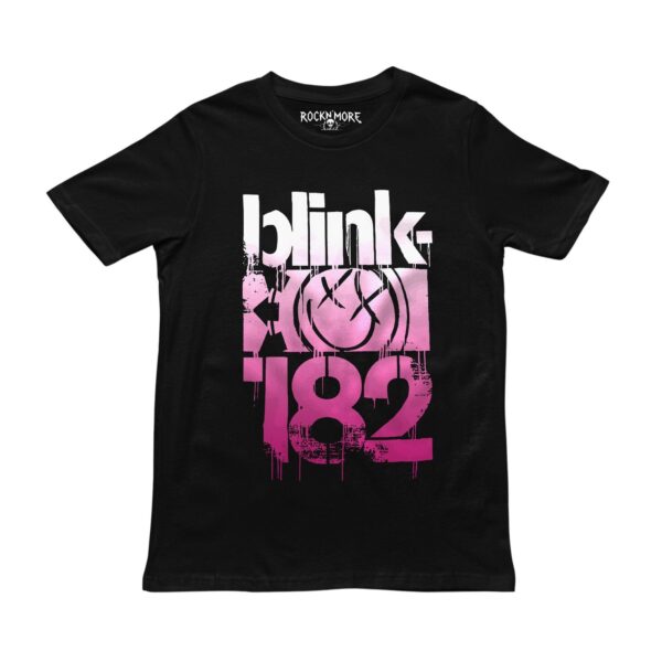 Playera negra con estampado de Blink 182, smiley de flechas y tipografía graffiti en degradado rosa