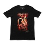 Playera negra con ilustración de Eddie Van Halen tocando guitarra en tonos rojos y dorados