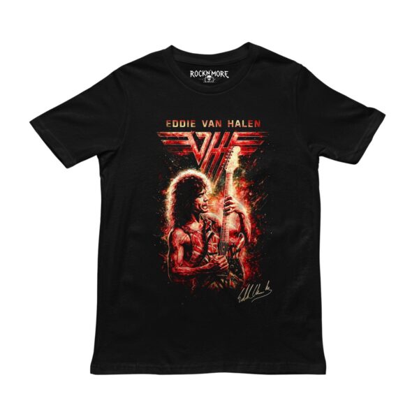 Playera negra con ilustración de Eddie Van Halen tocando guitarra en tonos rojos y dorados