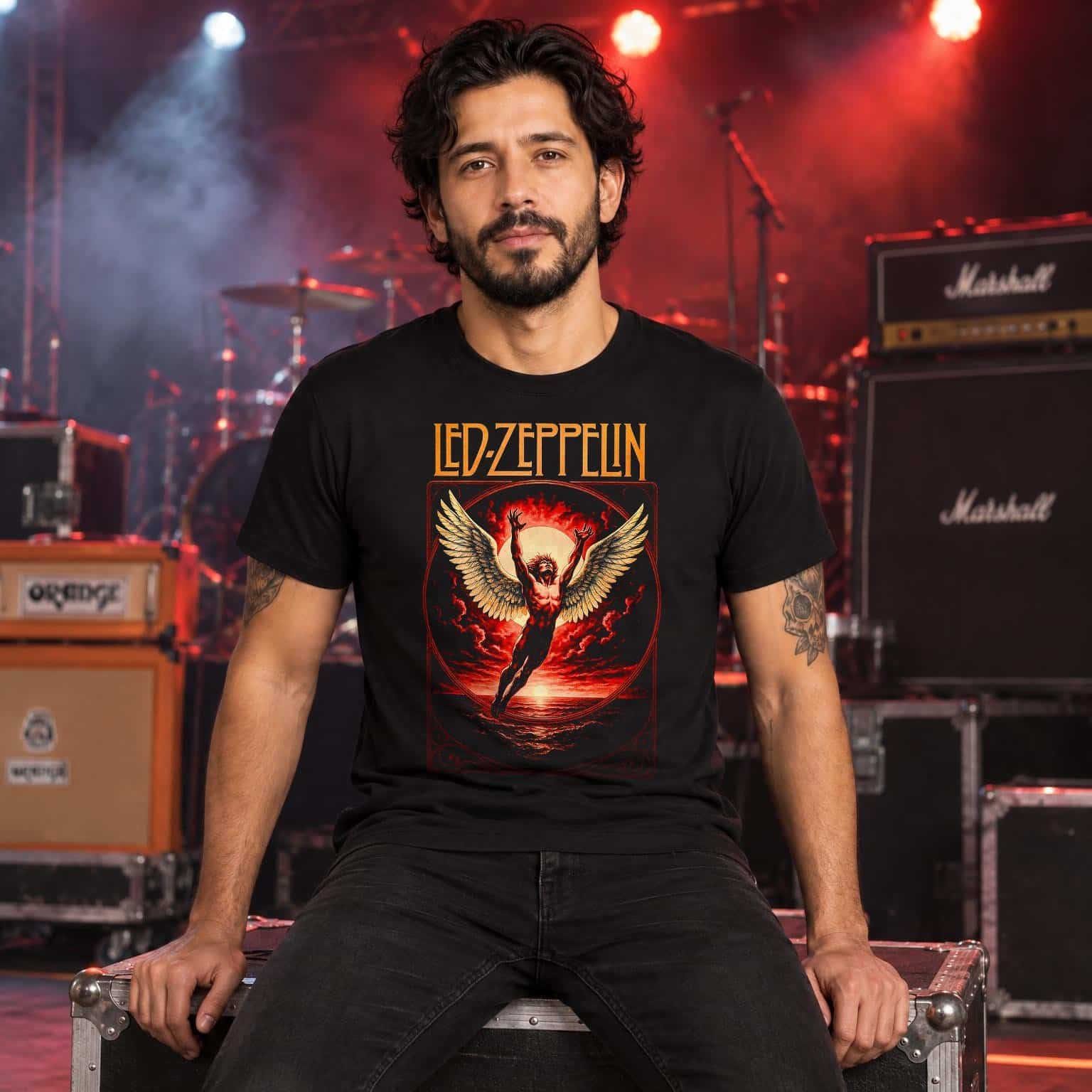 Modelo con playera negra de Led Zeppelin en concierto