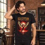Modelo con playera negra de Led Zeppelin en taller de ladrillo