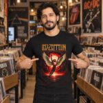 Modelo con playera negra de Led Zeppelin en tienda de discos