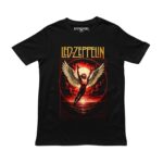 Playera negra de Led Zeppelin con ilustración del Ícaro alado sobre un atardecer rojo y logo dorado