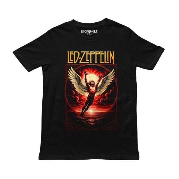 Playera negra de Led Zeppelin con ilustración del Ícaro alado sobre un atardecer rojo y logo dorado