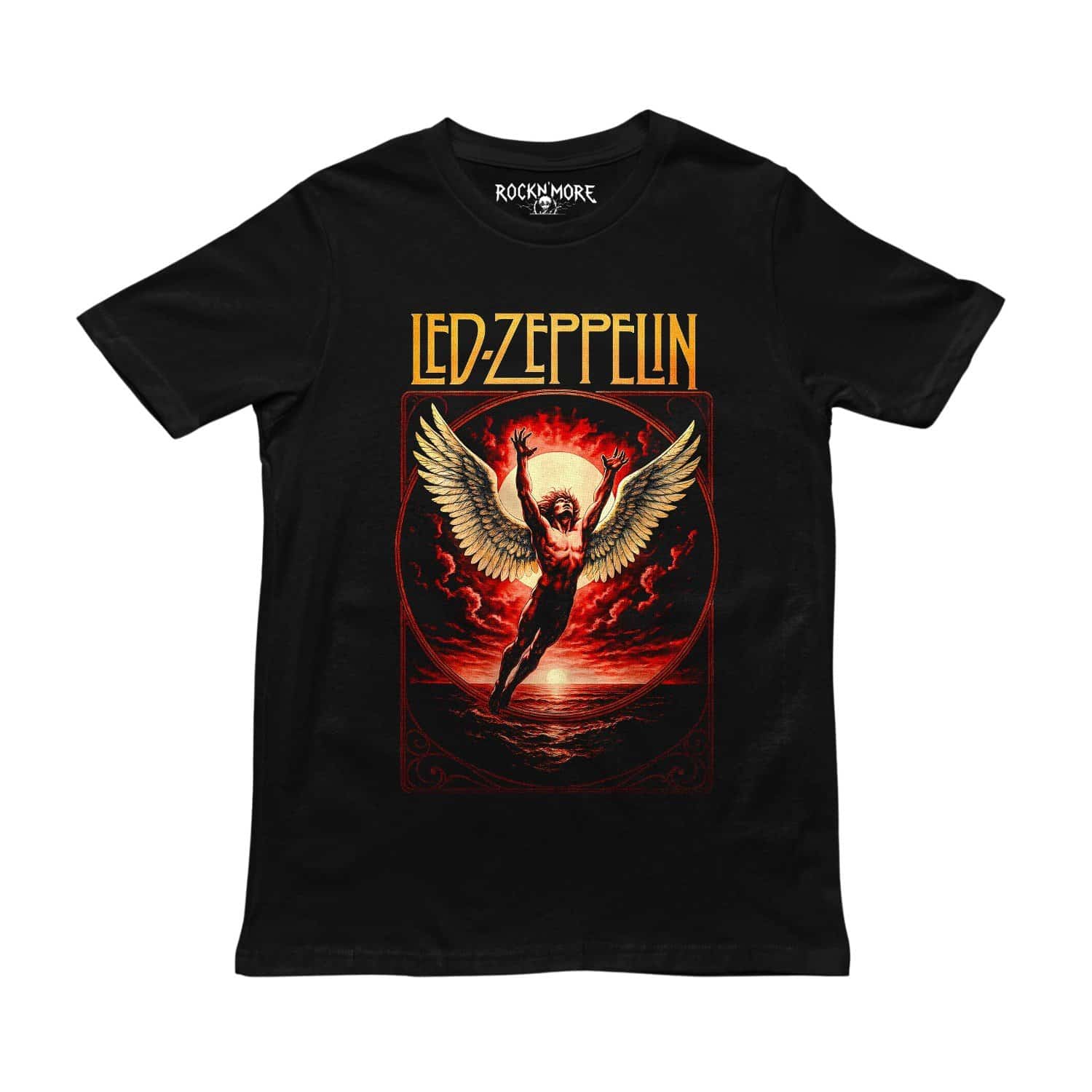 Playera negra de Led Zeppelin con ilustración del Ícaro alado sobre un atardecer rojo y logo dorado
