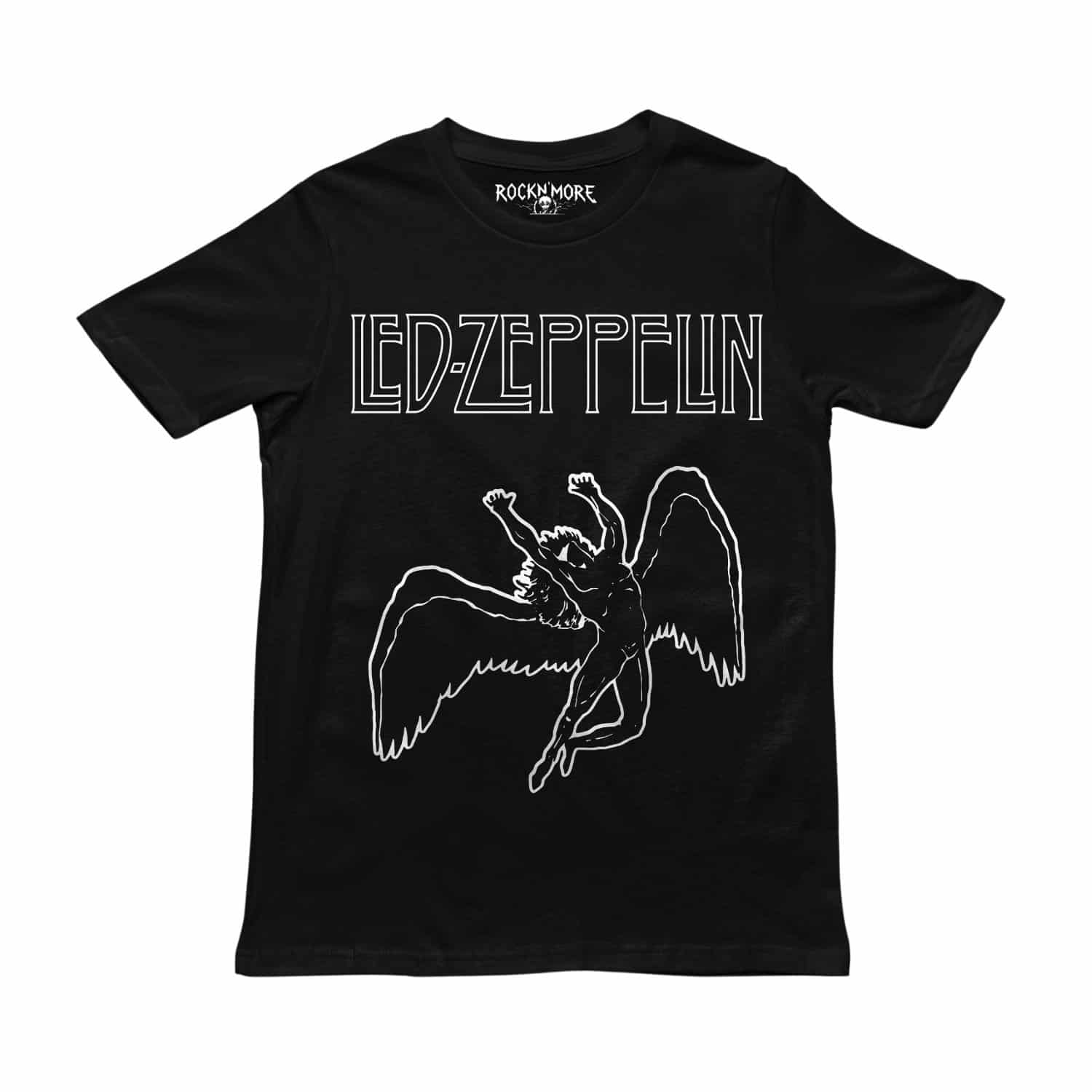 Playera negra con el logo de Led Zeppelin y el ángel Icarus en líneas blancas