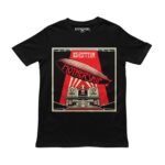Playera negra con el arte de Led Zeppelin Mothership: zepelin rojo sobre un teatro art deco
