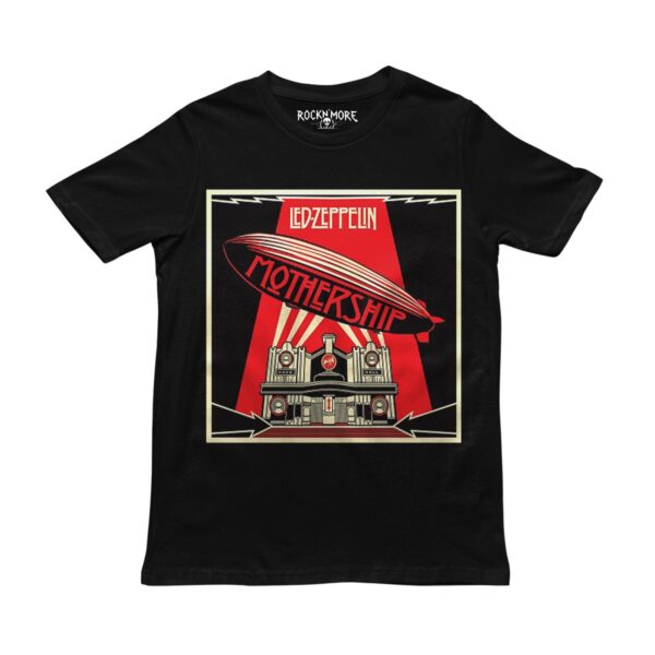 Playera negra con el arte de Led Zeppelin Mothership: zepelin rojo sobre un teatro art deco
