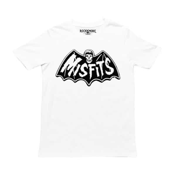 Playera blanca con estampado de Misfits: calavera Crimson Ghost dentro de alas de murciélago en negro