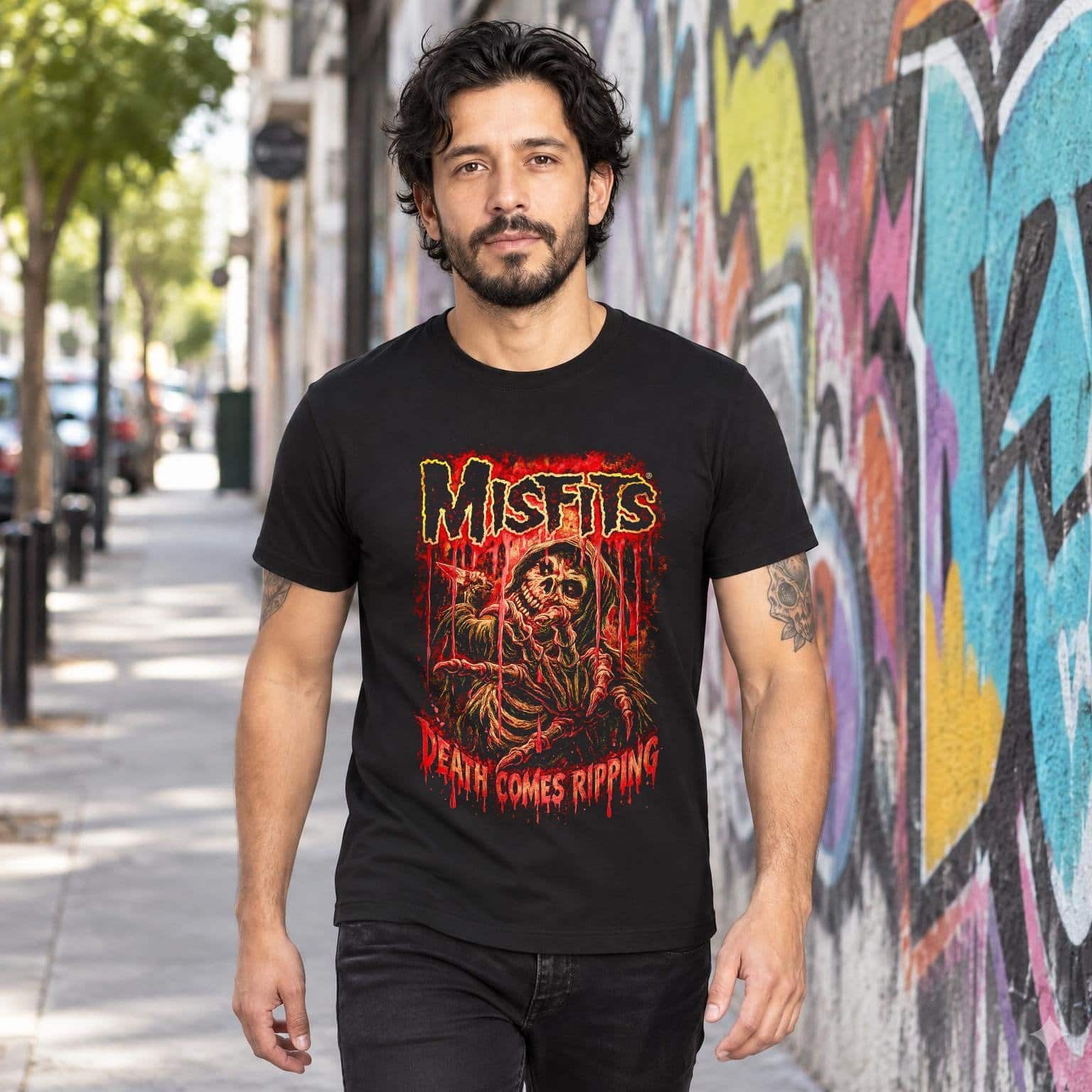 Modelo con playera negra de 8 en calle con grafiti