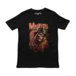Playera negra con ilustración del Fiend de Misfits con sombrero, garras y logo rojo goteando