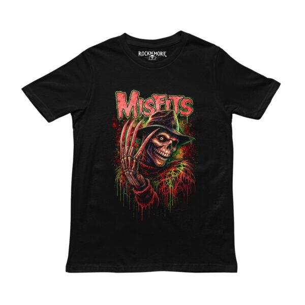 Playera negra con ilustración del Fiend de Misfits con sombrero, garras y logo rojo goteando