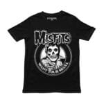 Playera negra con diseño de Misfits: el Crimson Ghost en círculo y la frase Want Your Skull en blanco