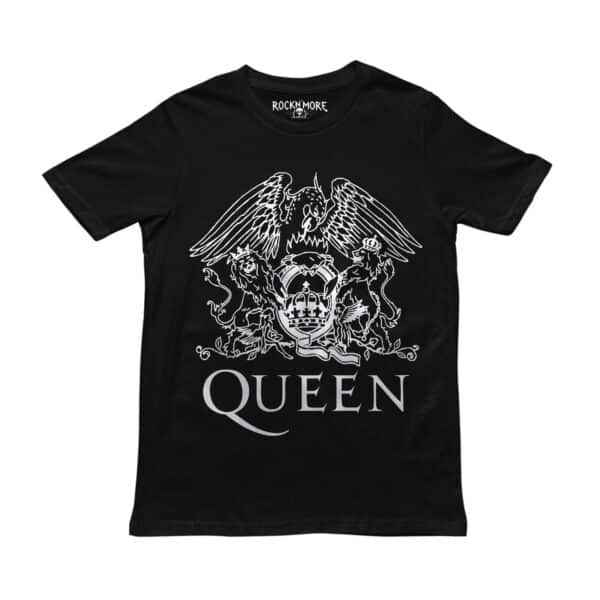 Playera negra con el escudo real de Queen en blanco: fénix, leones coronados y logotipo