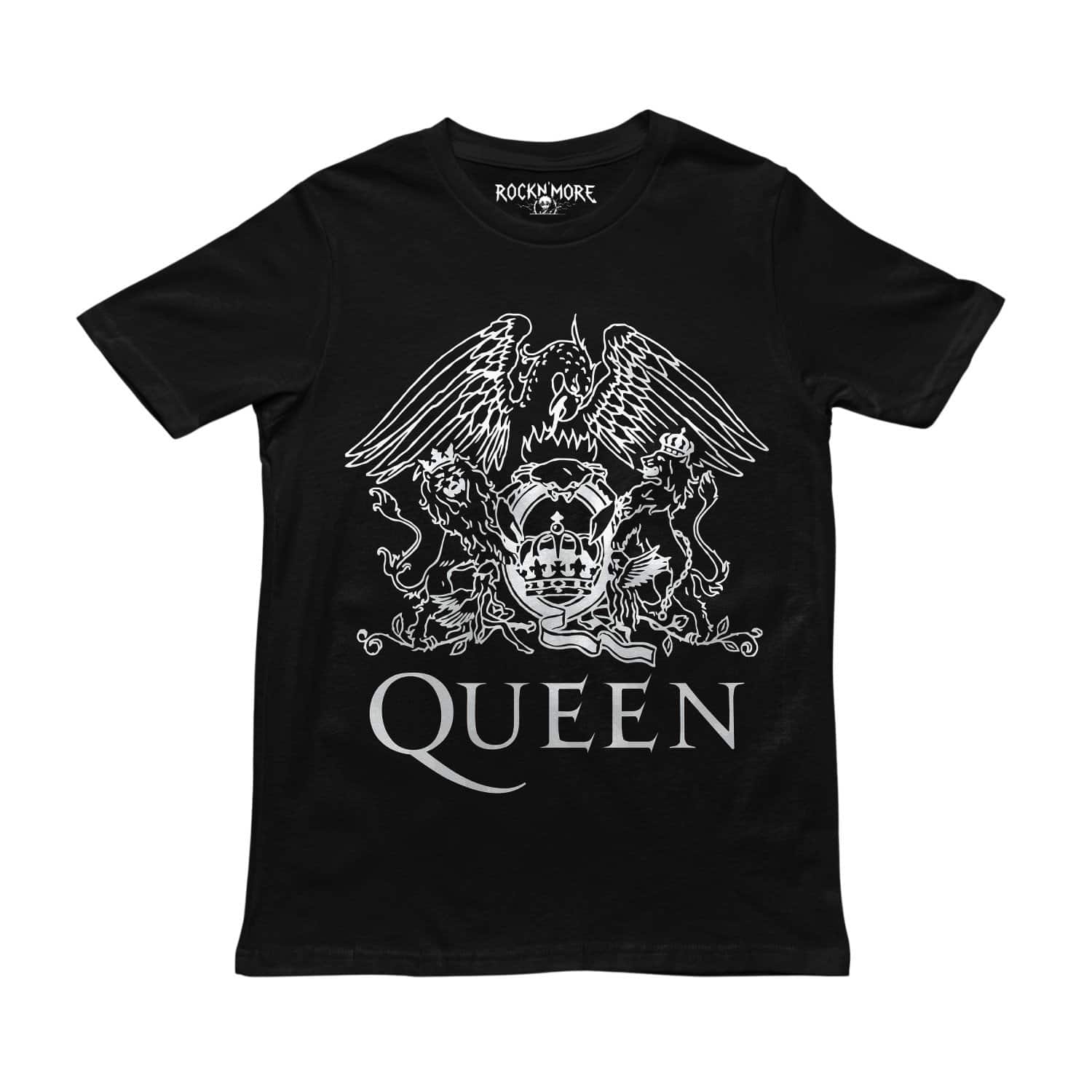 Playera negra con el escudo real de Queen en blanco: fénix, leones coronados y logotipo