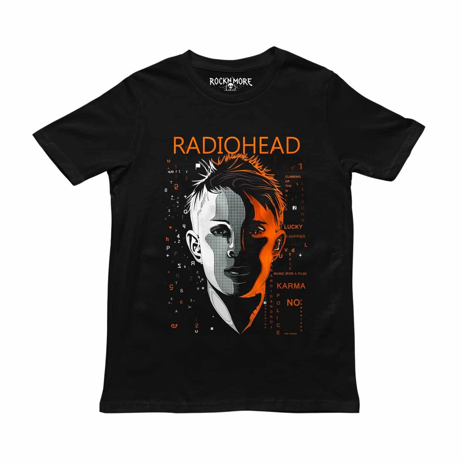 Playera negra con diseño de Radiohead: rostro dividido en blanco y naranja con letras flotantes