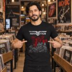 Modelo con playera negra de 3 en tienda de discos