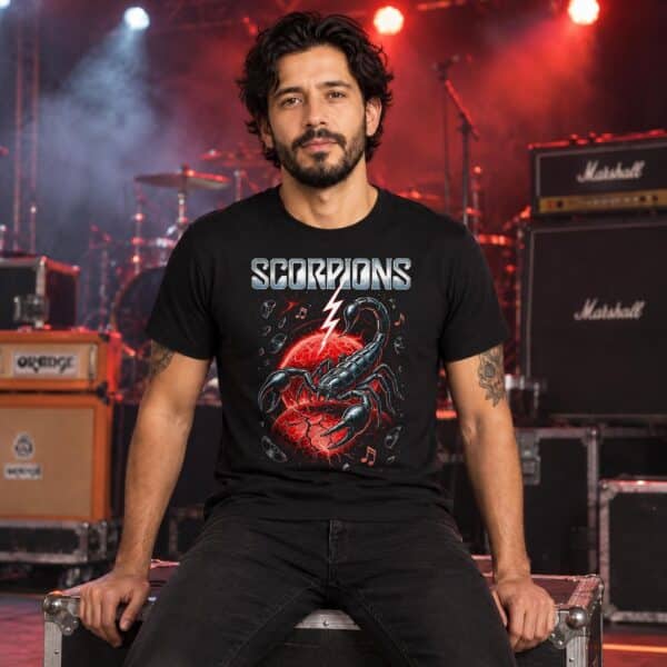 Modelo con playera negra de Scorpions en concierto