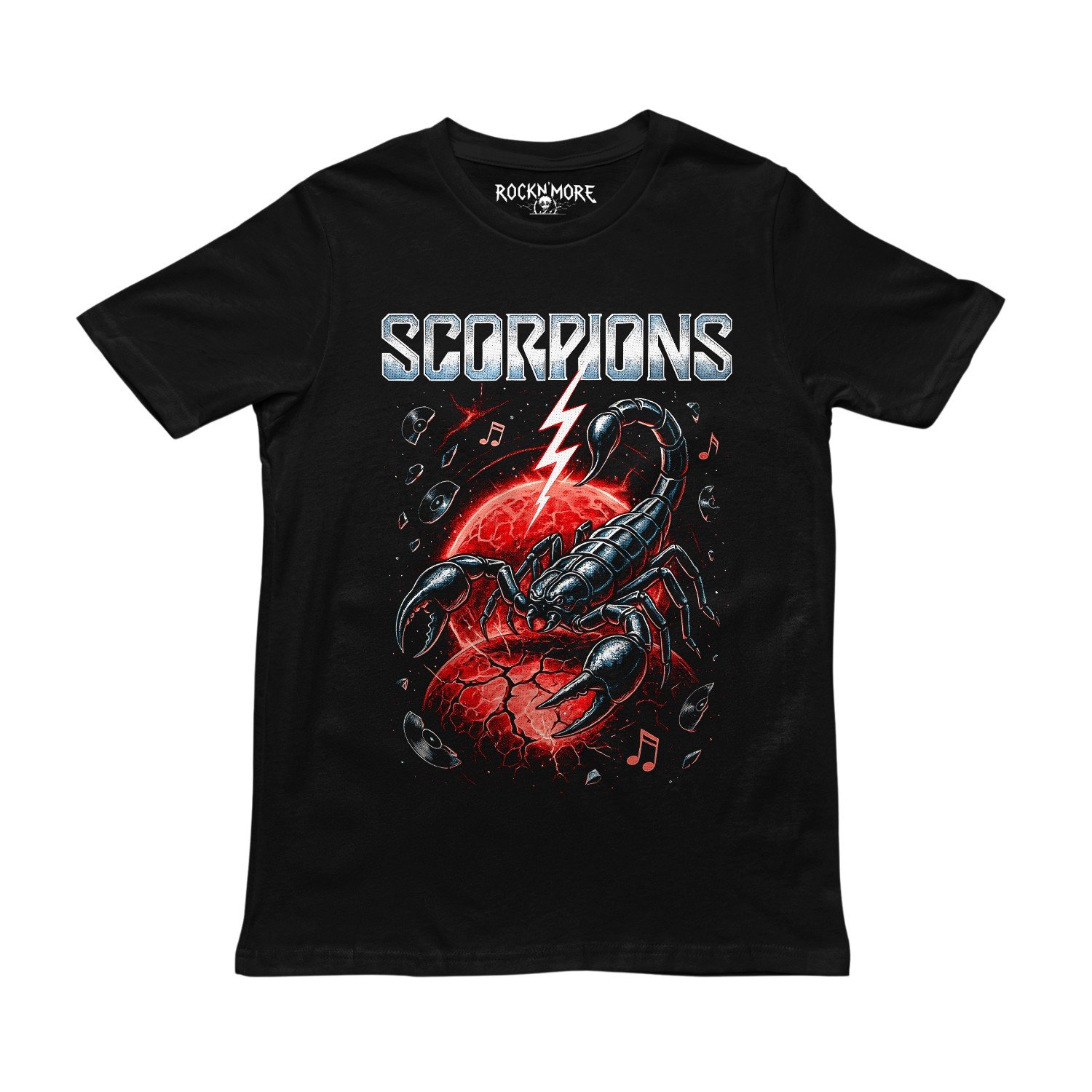 Playera negra con estampado de Scorpions: alacrán metálico sobre planeta rojo y rayo blanco