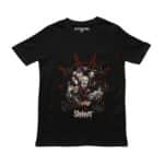 Playera negra con ilustración de las máscaras de Slipknot y estrella roja de nueve puntas