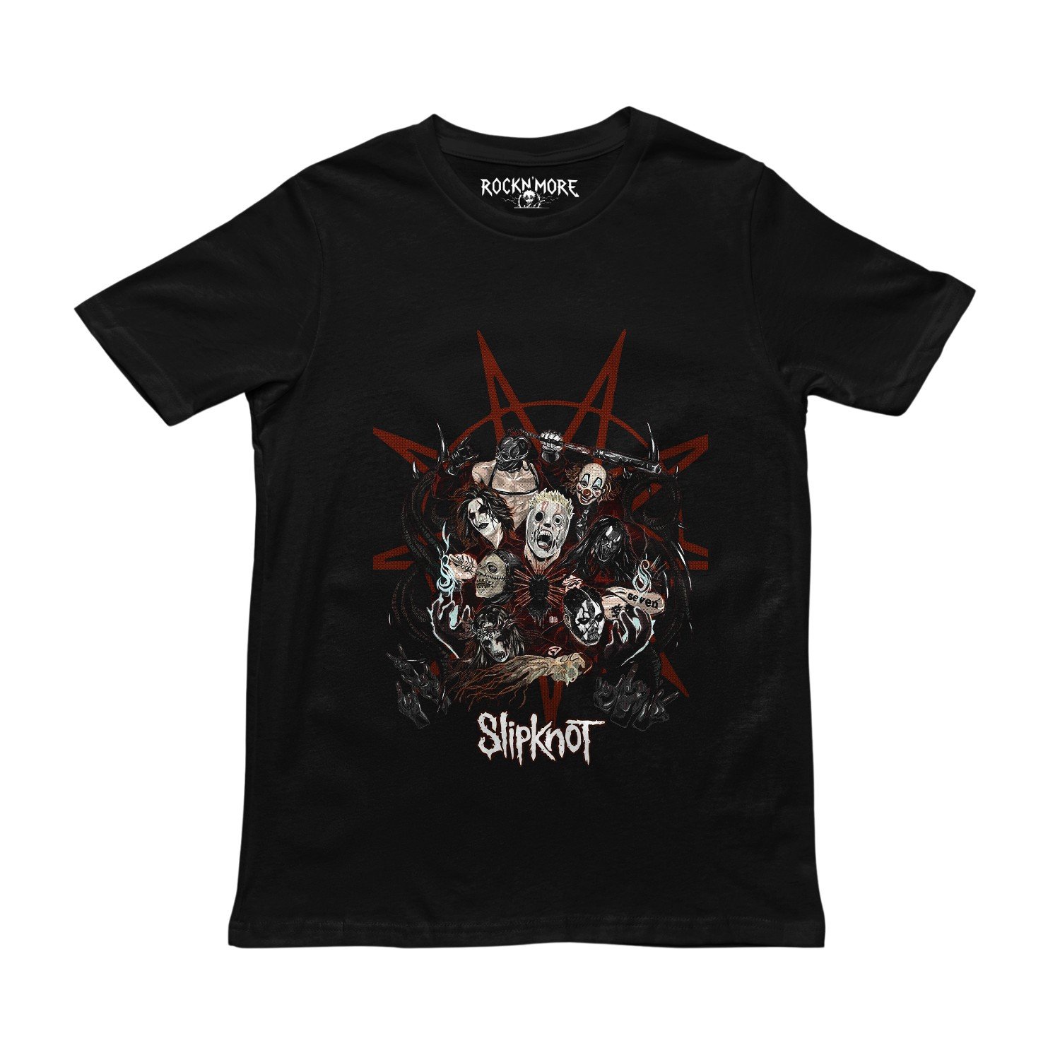 Playera negra con ilustración de las máscaras de Slipknot y estrella roja de nueve puntas