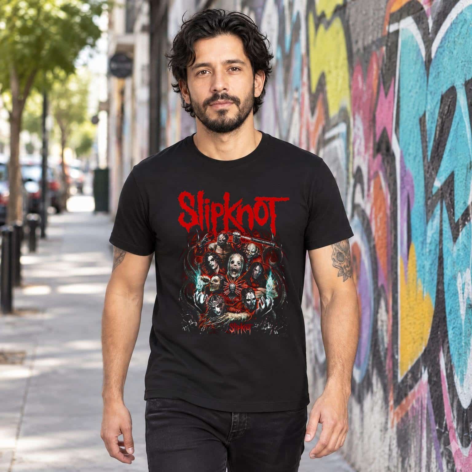 Modelo con playera negra de Slipknot en calle con grafiti