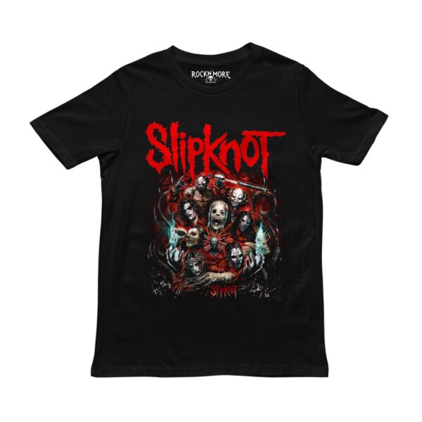 Playera negra con ilustración de Slipknot y logotipo rojo con las máscaras de la banda