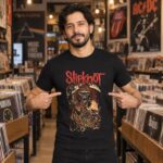 Modelo con playera negra de Slipknot en tienda de discos