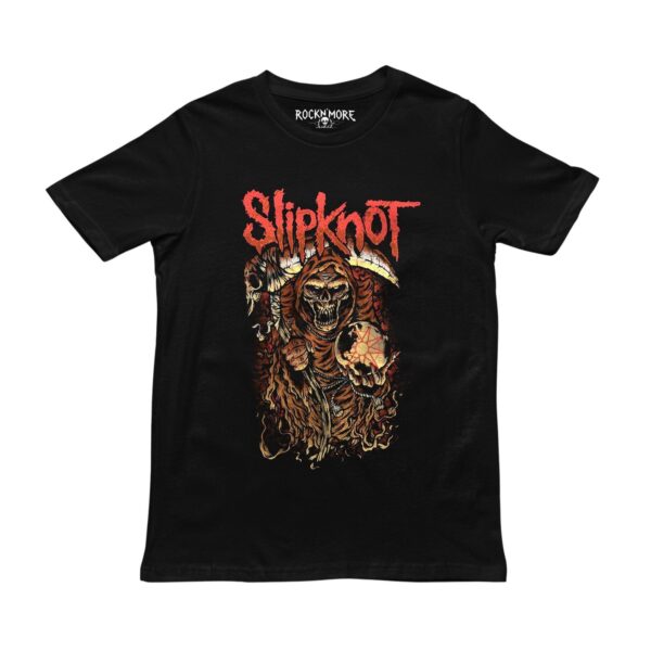 Playera negra con ilustración de segador de Slipknot sosteniendo un cráneo con nonagrama rojo
