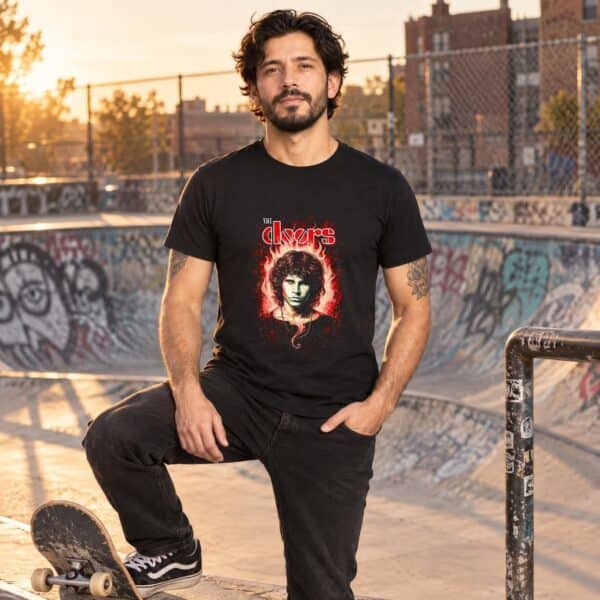 Modelo con playera negra de The doors en skate park modelo 1