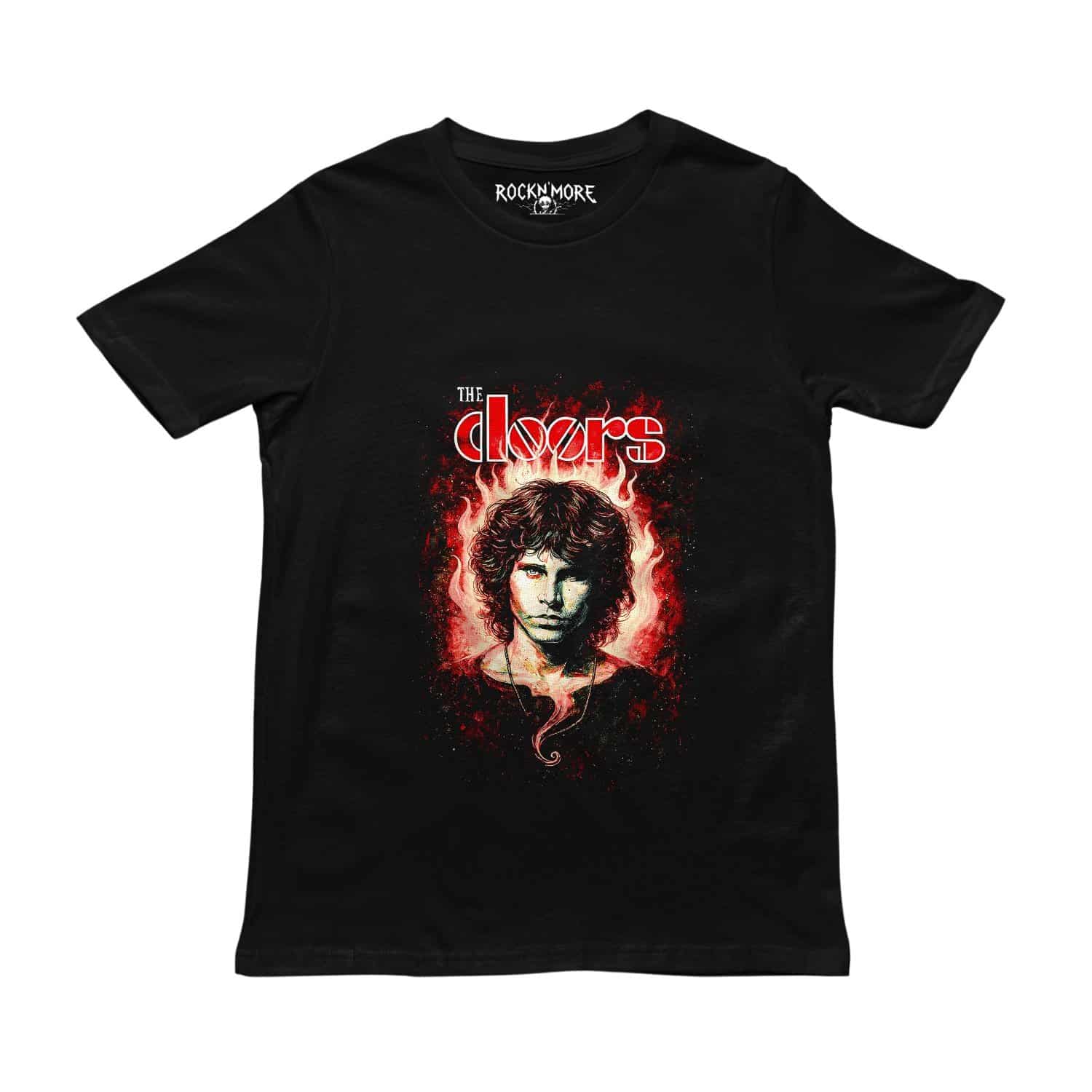Playera negra con ilustración de Jim Morrison entre llamas rojas y el logo de The Doors