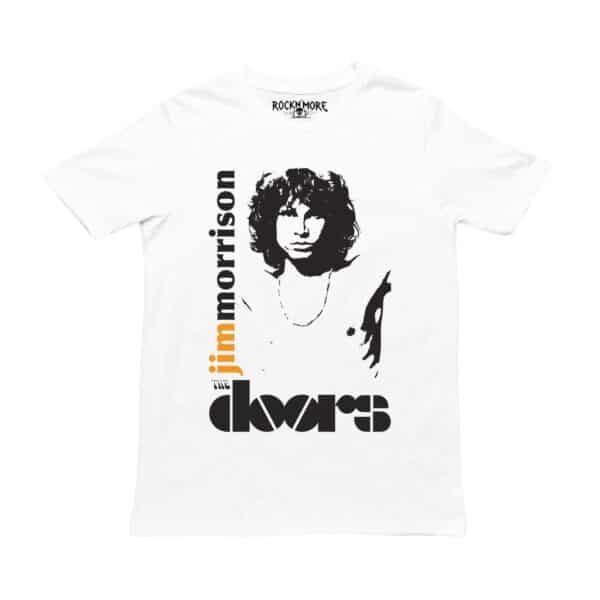 Playera blanca con retrato de Jim Morrison en negro y logotipo de The Doors