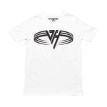 Playera blanca con el logo VH de Van Halen en negro al centro del pecho