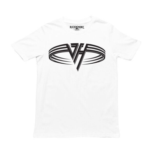 Playera blanca con el logo VH de Van Halen en negro al centro del pecho