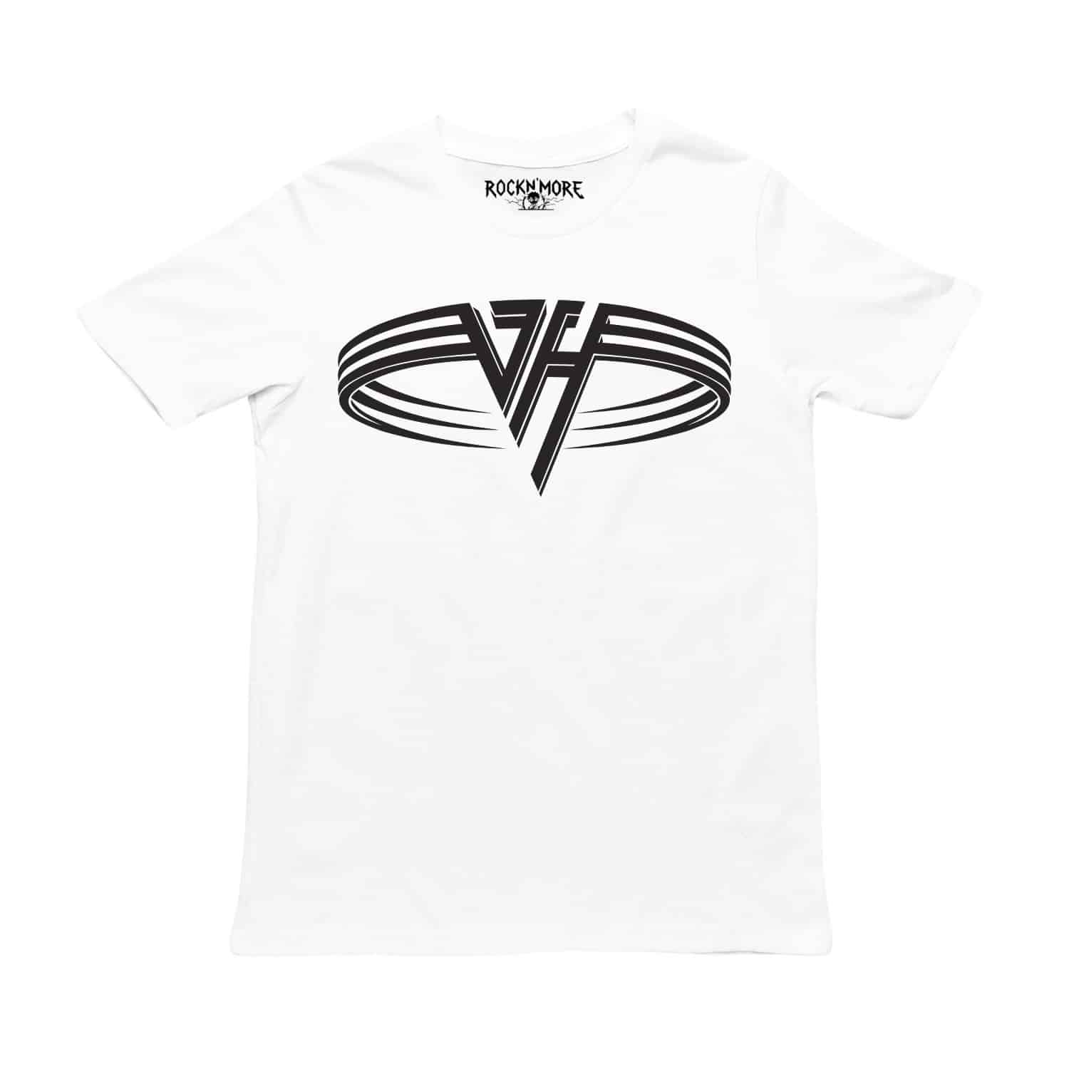 Playera blanca con el logo VH de Van Halen en negro al centro del pecho